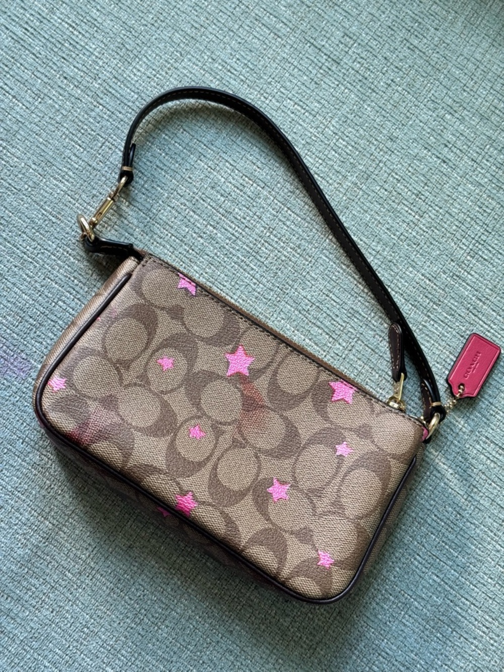 Coach Brown Signature Mini Wristlet with Pink Star Accents - Picture 2 of 6